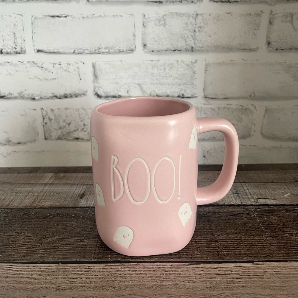 Pink Rae Dunn “BOO” mug with ghosts on it